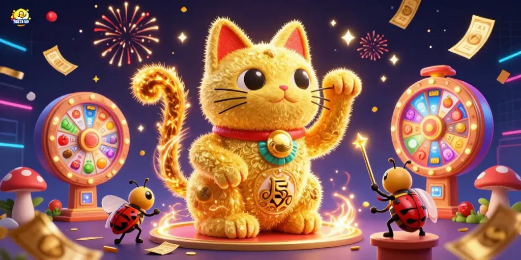 Engage with TATA4D's vibrant casino scene featuring a golden lucky cat and dynamic game elements.
