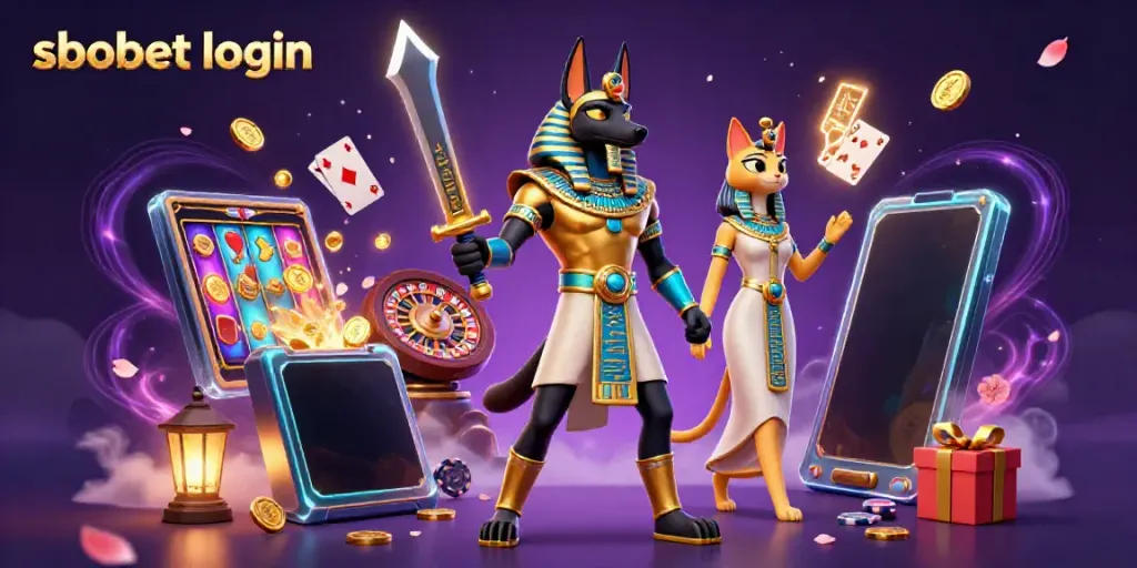 Bet on your favorite games with sbobet login in a vibrant 3D Egyptian-themed casino scene.