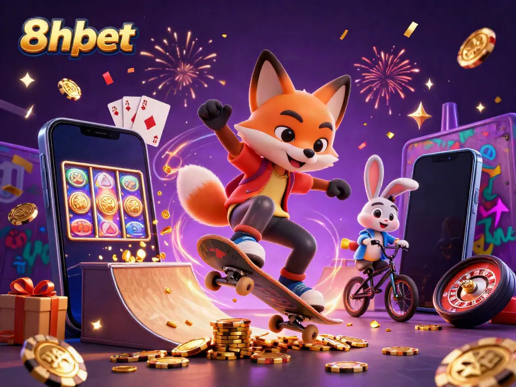 Experience thrilling gaming action with 8xbet in a dynamic casino-themed illustration.