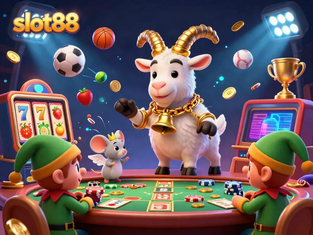 Permainan slot88 menciptakan suasana kasino yang bersemangat dengan karakter hewan lucu dan elemen slot menambah kegembiraan.