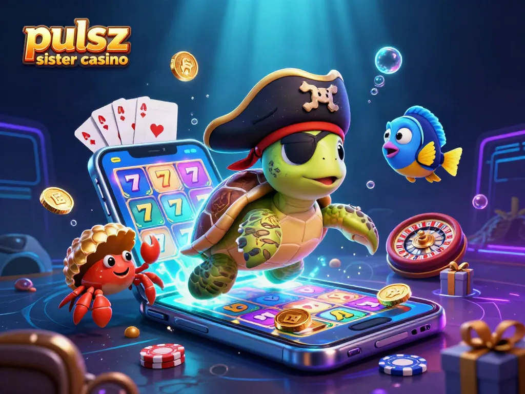 Pulsz sister casino adventure with a pirate turtle, hermit crab, and parrotfish amid colorful slot games and treasure