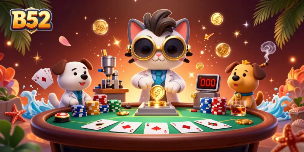 B52 gambling scene with a scientist cat and dog at a poker table creating excitement and winning strategies in 2026.