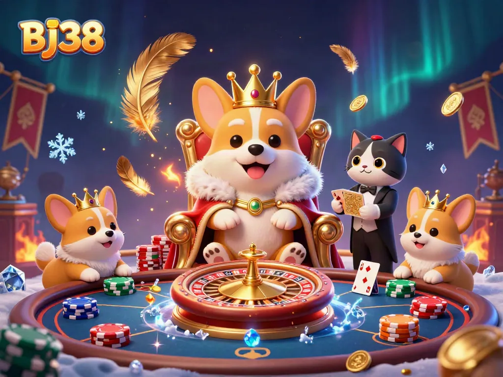 Engage with BJ38's thrilling casino scene featuring corgis, poker chips, and a golden card deck.