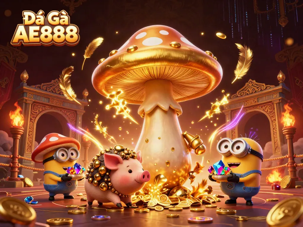 Experience Đá Gà AE888 with a vibrant, magical illustration showcasing a mystical betting arena.