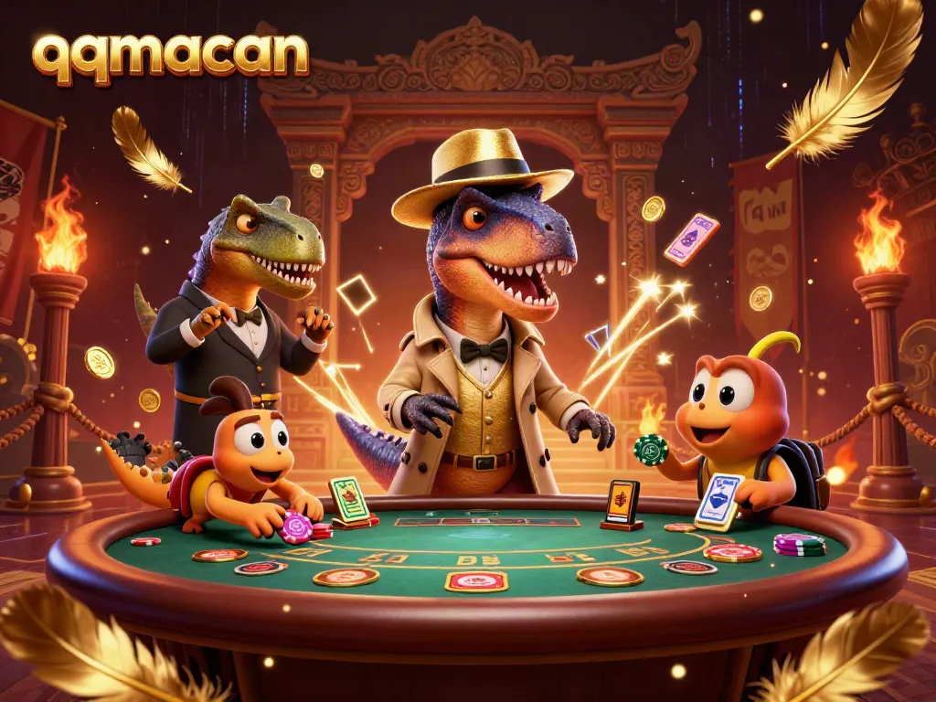 qqmacan showcases a velociraptor card counter and a stegosaurus pit boss in an engaging casino scene.