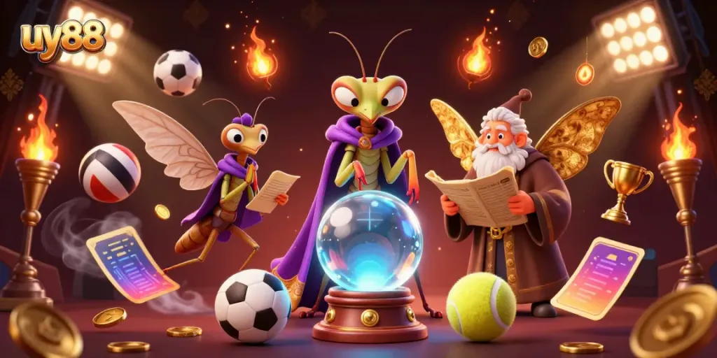 Experience the thrill of uy88 gaming with a mystical scene featuring fortune-telling characters and vibrant sports elements.