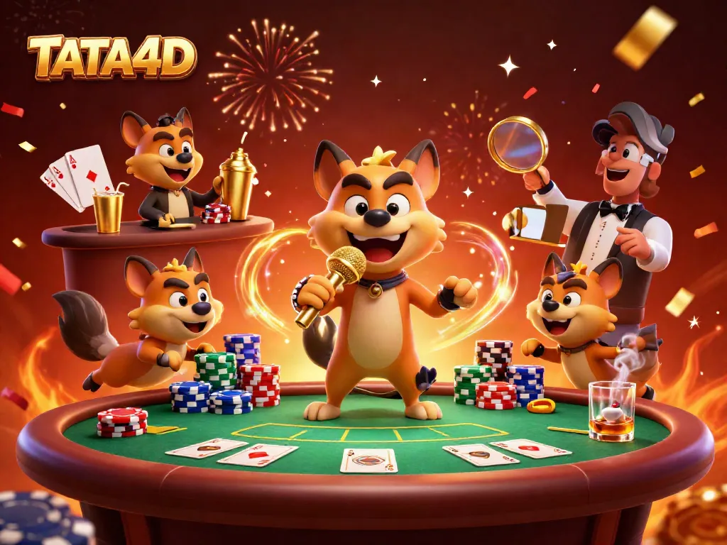 TATA4D showcases a vibrant 3D casino scene with hyenas, poker elements, and dynamic energy
