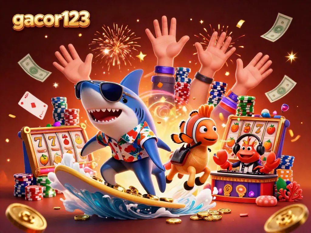 Surf the winning waves of gacor123 with a lively scene of casino characters enjoying gaming adventures.