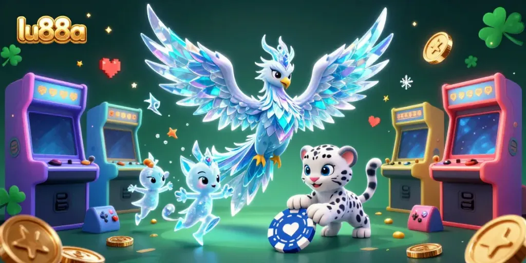 Spin and win with the captivating LU88A gaming adventure featuring an ice phoenix and playful characters.