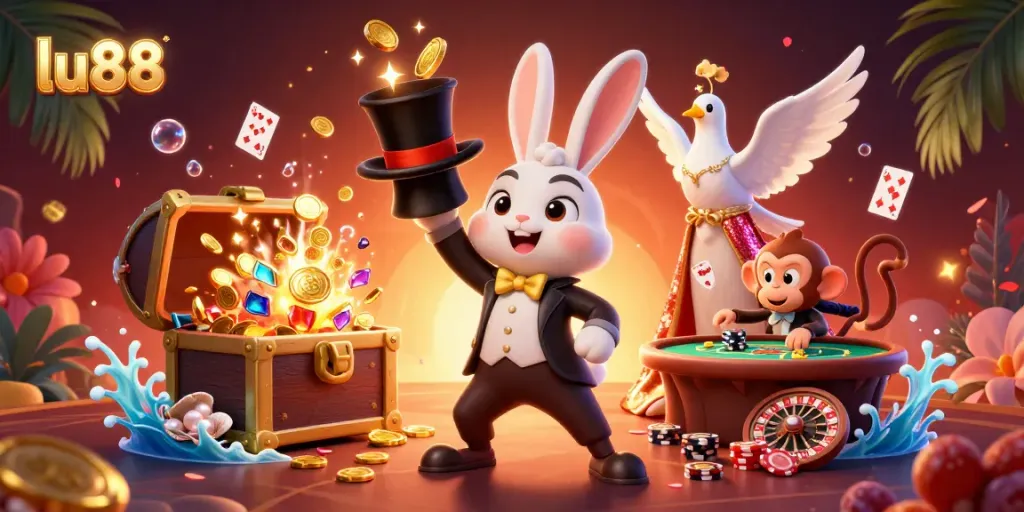 Experience exciting gameplay at lu88 with cartoon magician rabbit and dazzling casino elements.