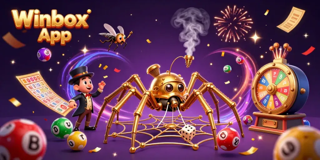 Winbox App dynamic 3D illustration showcasing gambling excitement with steampunk spider and lottery elements.