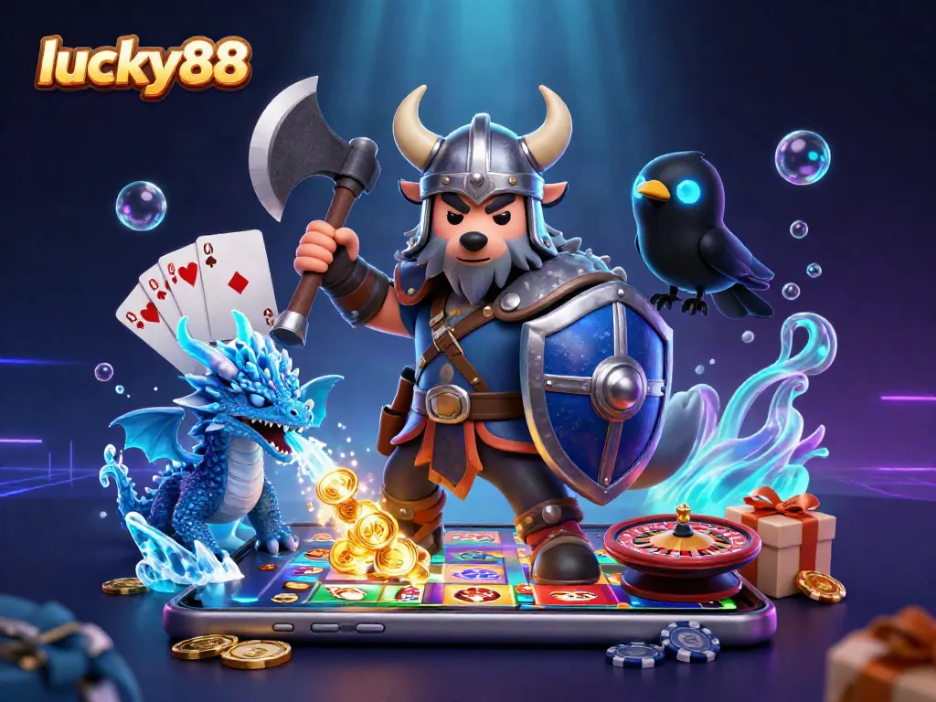 Experience thrilling gameplay with lucky88, showcased in this dynamic 3D casino art featuring iconic gaming elements.