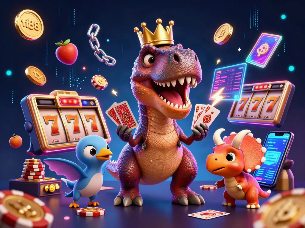 tt88 enhances the gaming experience with a vibrant scene of dinosaurs and casino elements.