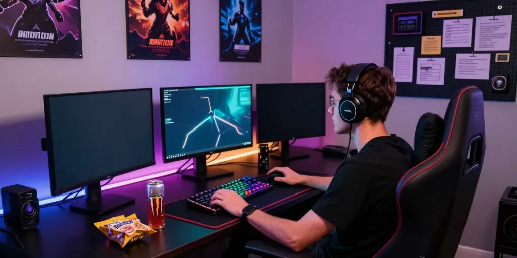Player engaging with peh888 gaming setup, showcasing vibrant tech and immersion.