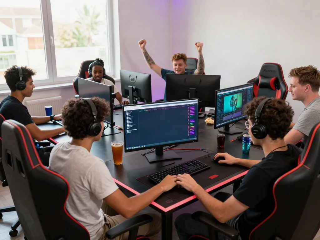 Friends enjoying competitive gaming on the A80 website in a vibrant gaming room.