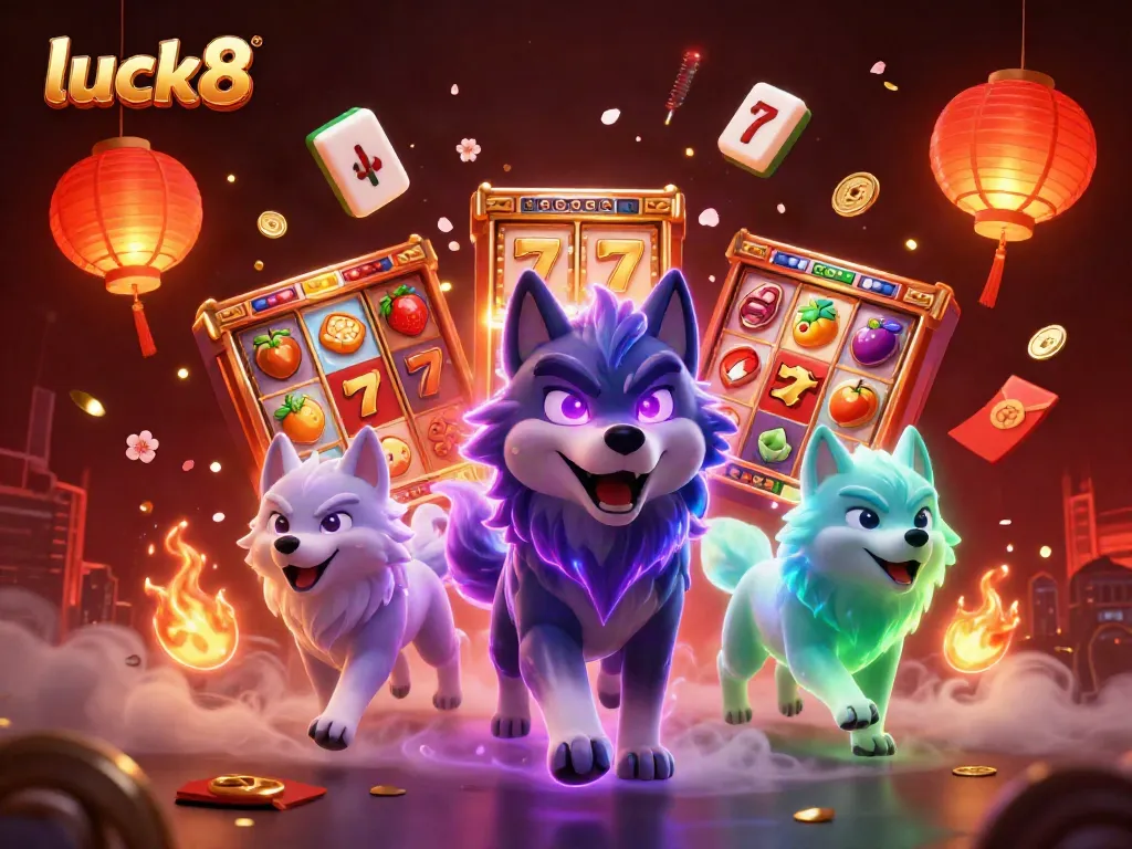 Engaging luck8 casino scene with wolf pack leader, slot reels, and festive elements.