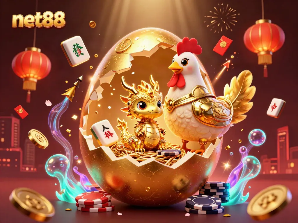 Experience thrilling online gaming with net88 in this vibrant 3D casino scene featuring golden elements and festive decorations.
