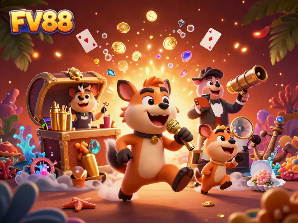 Experience thrilling gameplay with FV88 in this vibrant casino illustration, showcasing comedy and excitement.