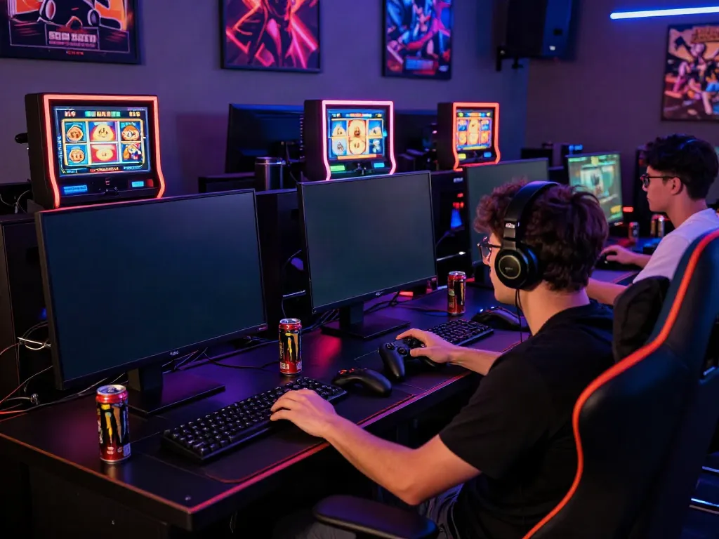 Gamer engaging with akunjp high-stakes slot game in immersive gaming setup.