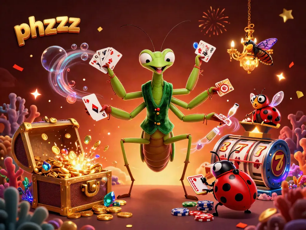Engage in casino fun with phzzz featuring a giant praying mantis card sharp and ladybug pit boss.