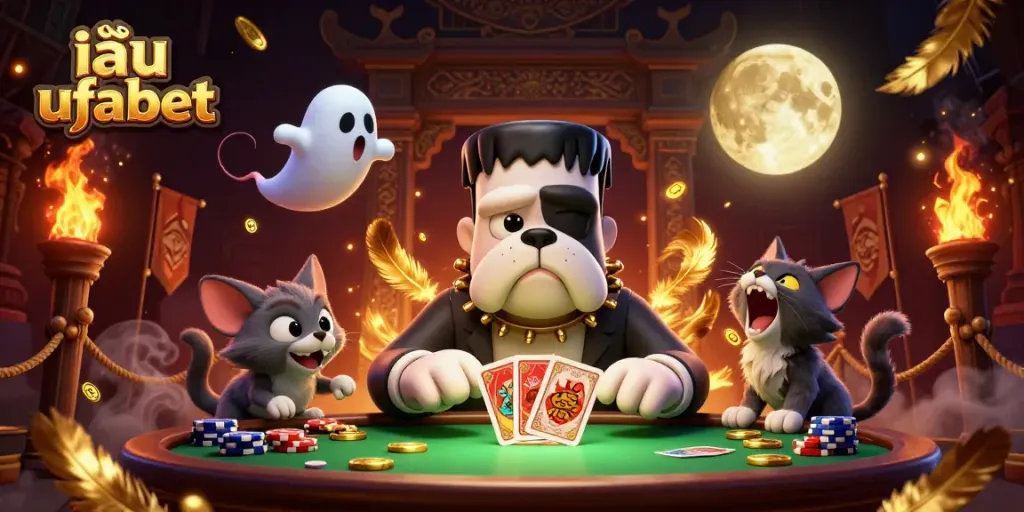 Play ufabet at a spooky casino with a bulldog dealer, a ghost mouse, and a howling kitten.