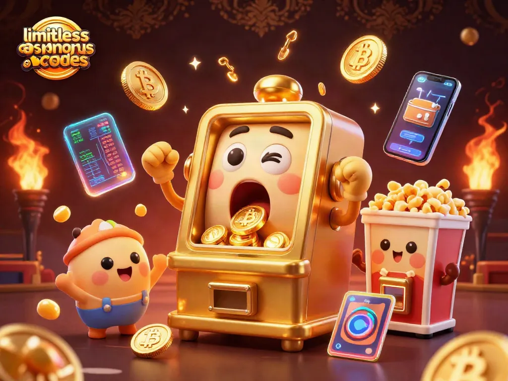 Engage with limitless casino bonus codes as the golden slot machine celebrates a jackpot amidst a crypto-themed festival.