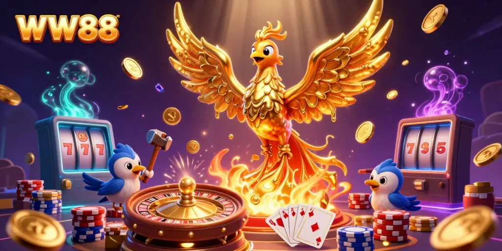 Engage with WW88's interactive gaming experience featuring a golden phoenix and casino elements.