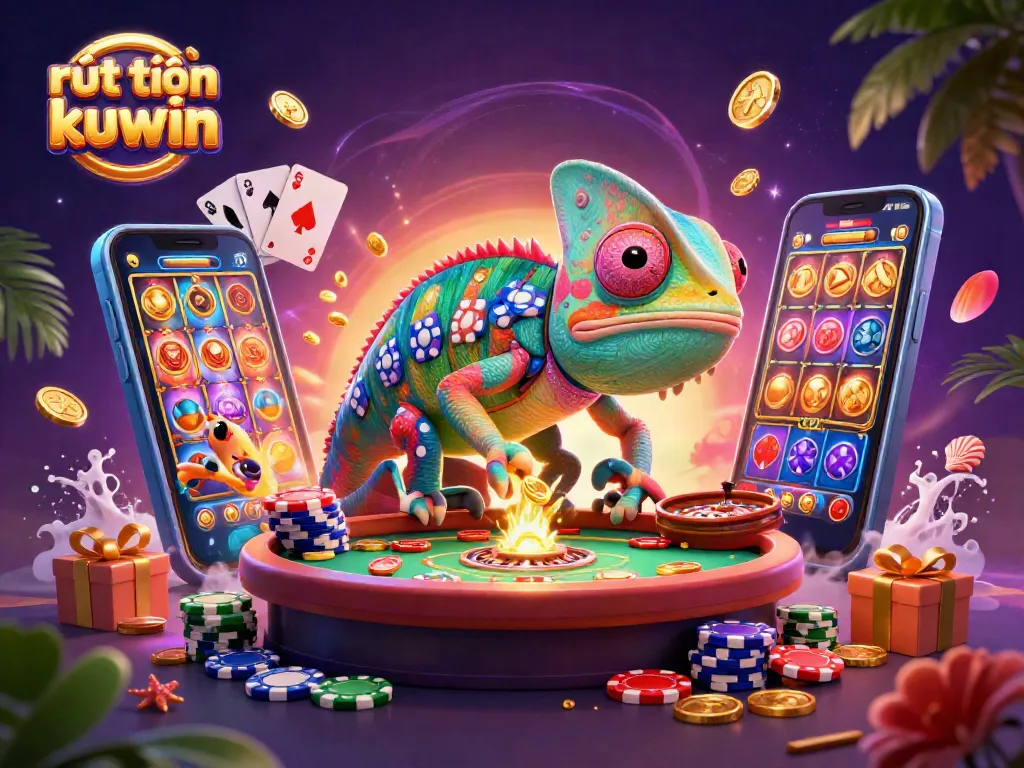 Engage in rút tiền kuwin action with a vivid casino scene featuring a vibrant chameleon owner.