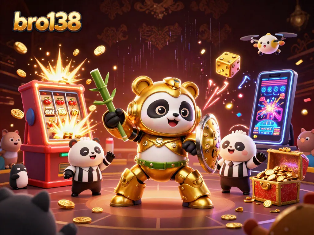 Experience exciting gameplay with bro138's vibrant 3D casino illustration featuring dynamic slot action.