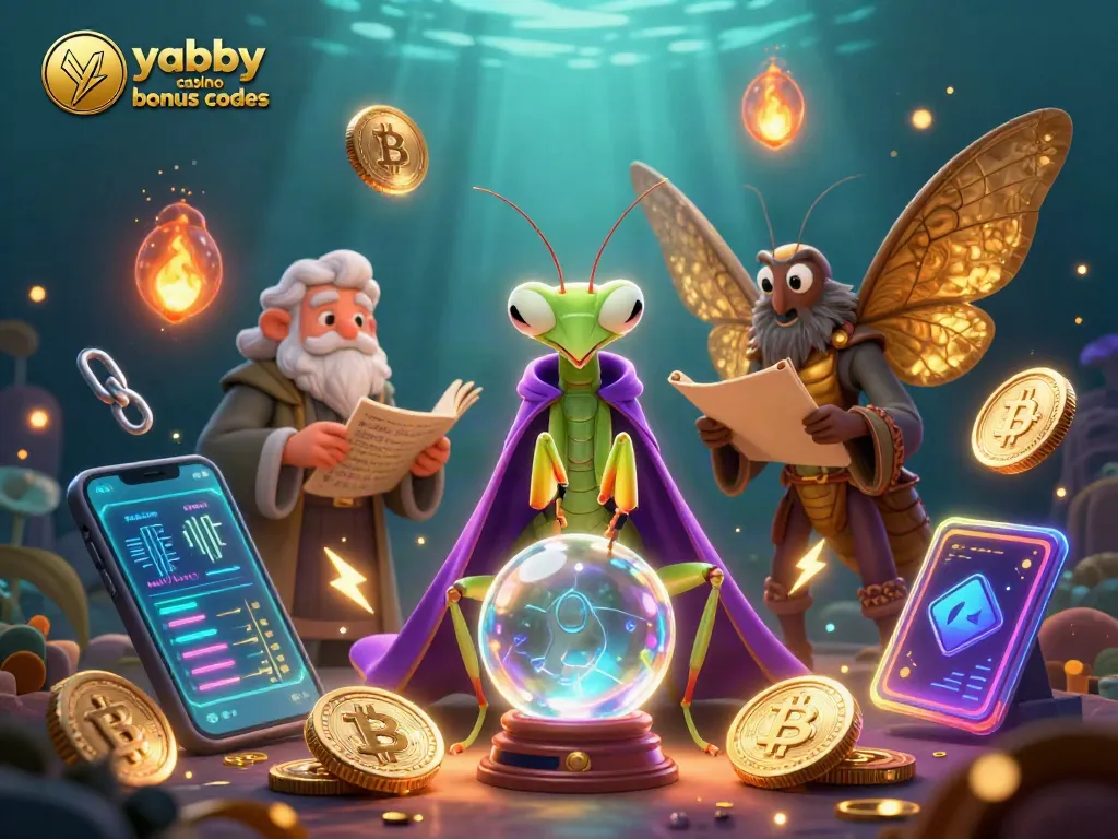 Engage with Yabby Casino Bonus Codes through a vibrant 3D illustration featuring wise fortune tellers and crypto elements.