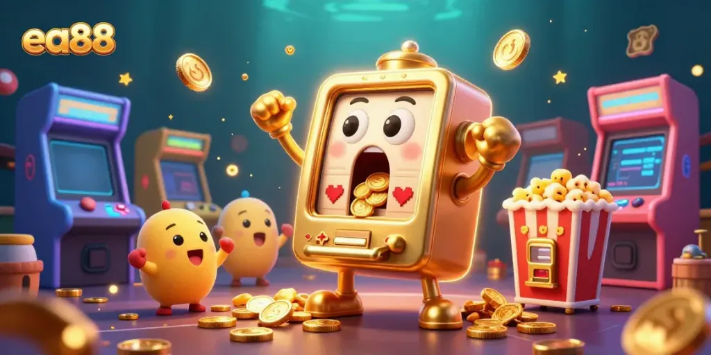 máy slot ea88 nhận jackpot với tiền vàng, máy trò chơi và ánh sáng lấp lánh.
