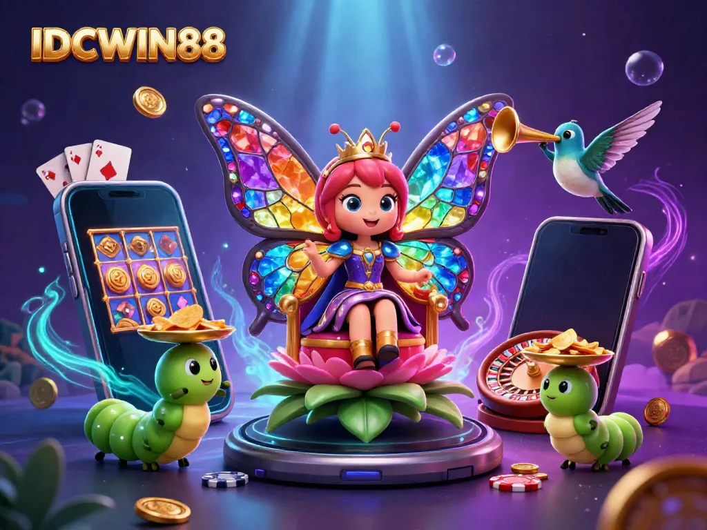 Experience vibrant gaming action with IDCWIN88 in this dynamic 3D illustration featuring a butterfly queen and casino elements.
