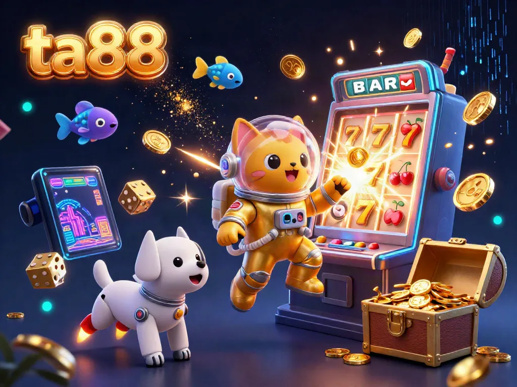 Join the excitement at ta88 with an immersive 3D illustration of a jackpot celebration, featuring vibrant casino elements.