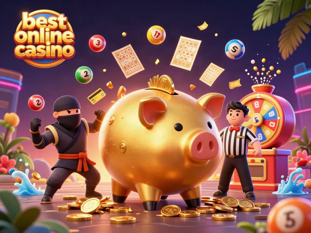 A vibrant scene showcasing a golden piggy bank sumo wrestler, wallet ninja, and credit card samurai as symbols of the best online casino together with dynamic lottery and gambling elements.