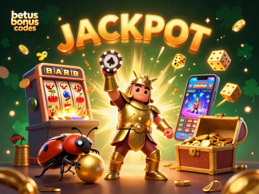 Engage with betus bonus codes illustrated as a victorious beetle lifts a poker chip among casino elements.