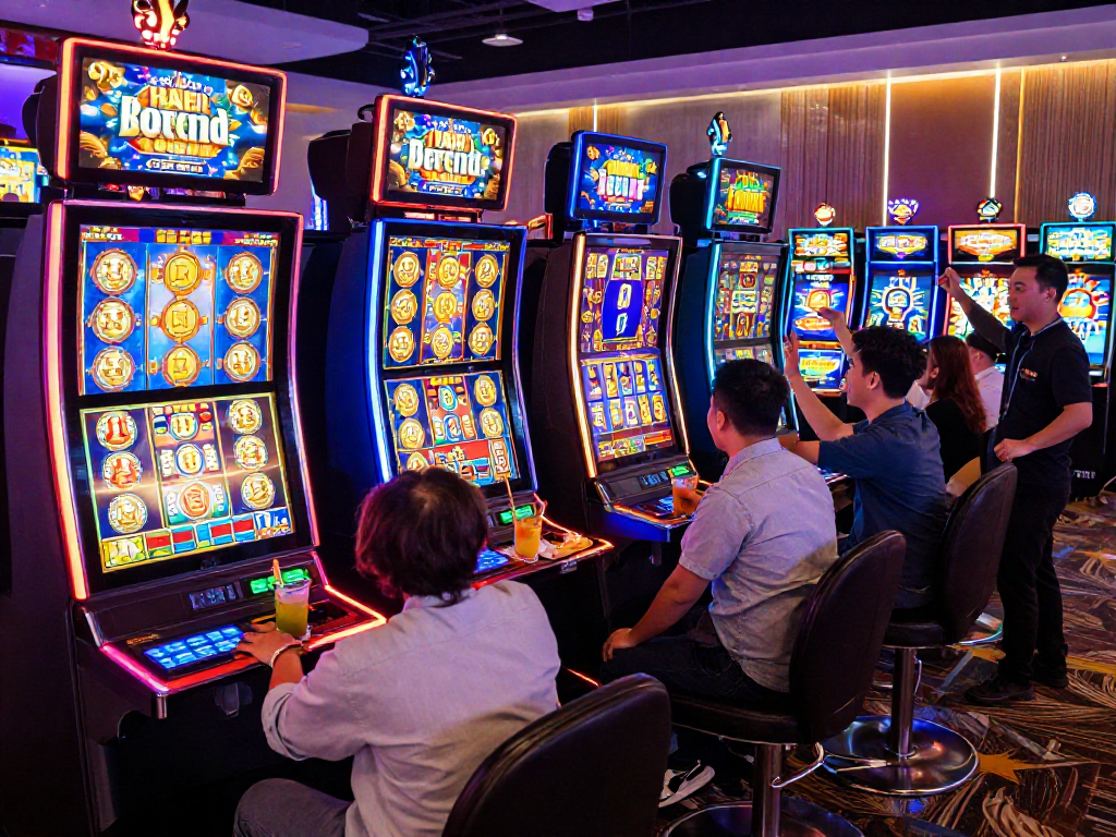 Pengalaman bermain slot7000 di kasino dengan teman-teman dan mesin slot yang menyala.