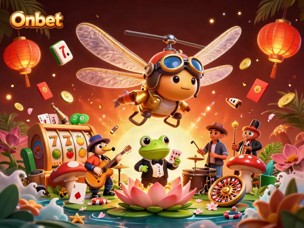 Onbet casino scene featuring a dragonfly pilot, frog croupier, and vibrant slot elements