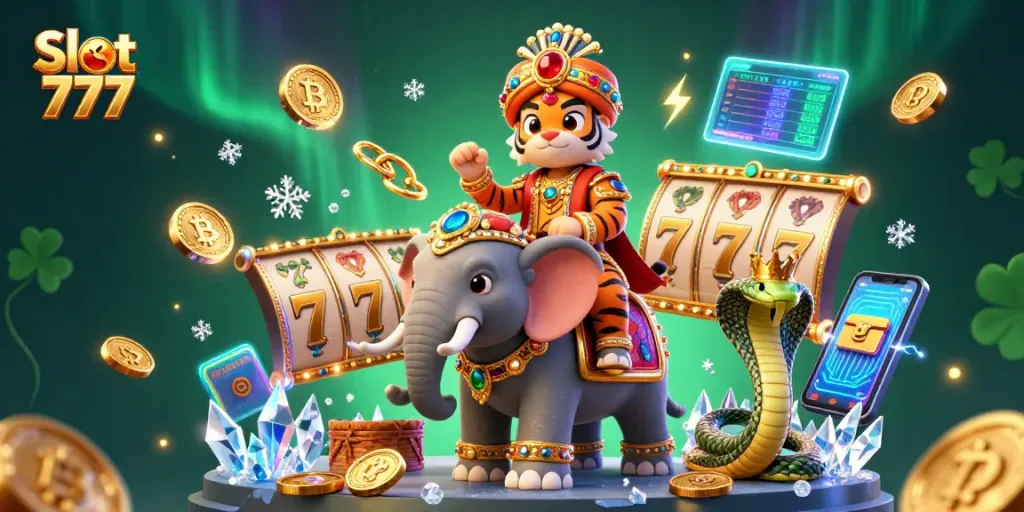 Mainkan Slot 777 dengan elemen berlimpah, termasuk slot reel, 7 keberuntungan, dan koin kripto yang bersinar.