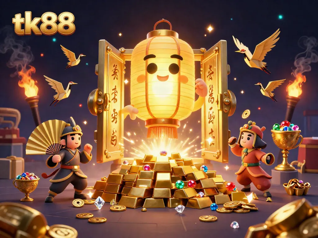 Experience the vibrant world of tk88 with a colorful casino scene featuring golden spirits and treasures.