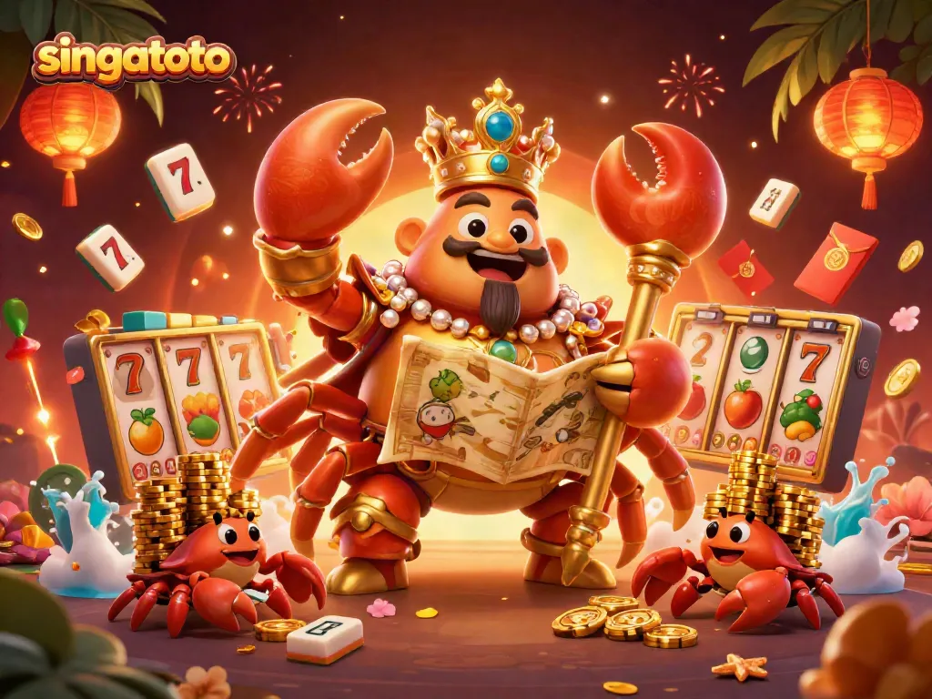 Engage in thrilling slots with singatoto's golden crab emperor amidst vibrant casino symbols.