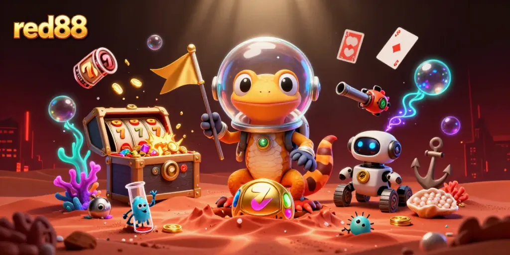 Red88 showcases thrilling casino adventures with an alien gecko, playful treasure, and vibrant gaming elements.