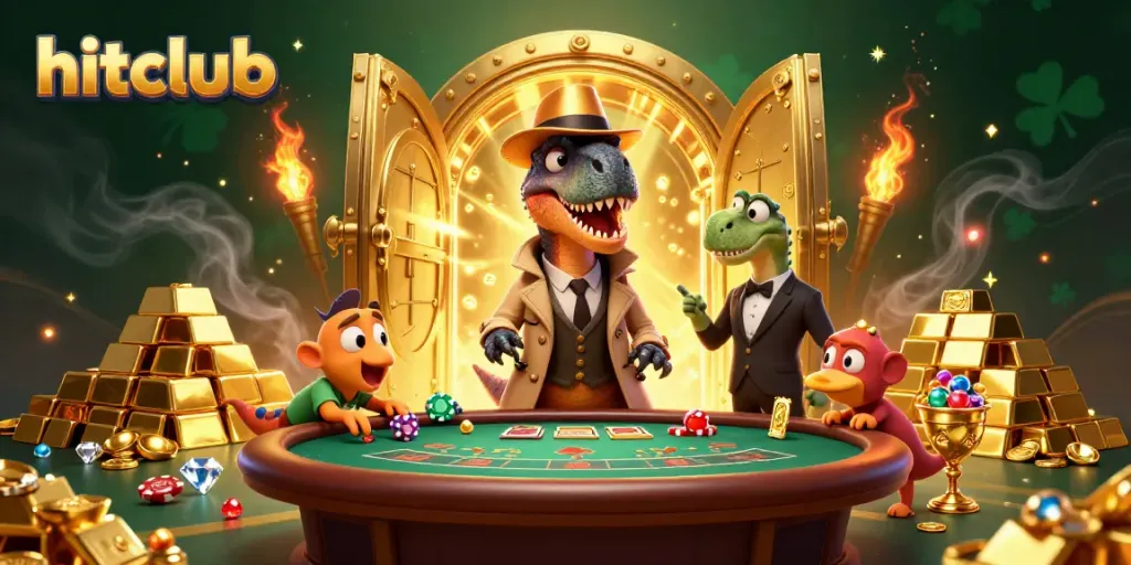 Experience exhilarating gameplay at hitclub with a 3D velociraptor card counter at a blackjack table surrounded by treasures.