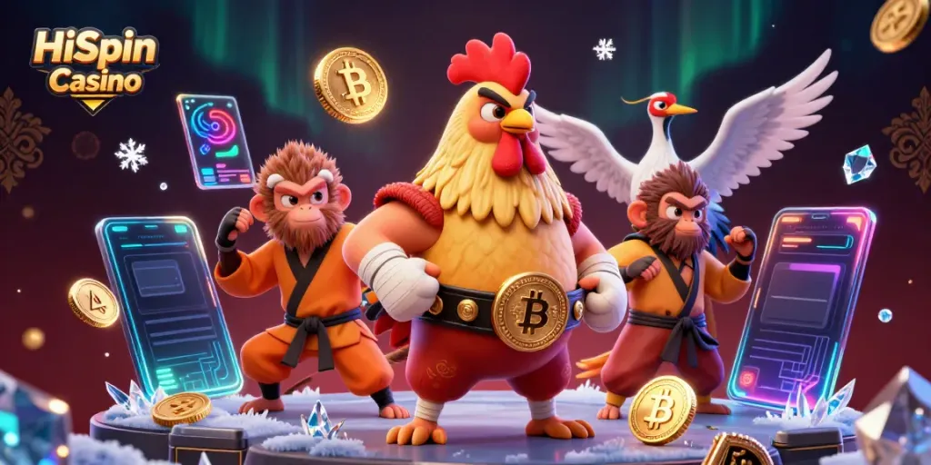 Experience thrilling gameplay at HiSpin Casino with a dynamic 3D illustration featuring engaging characters and vibrant elements.