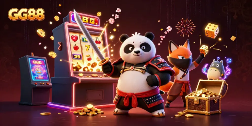 Experience thrilling gameplay with GG88 featuring dynamic samurai and ninja characters in a colorful casino environment.