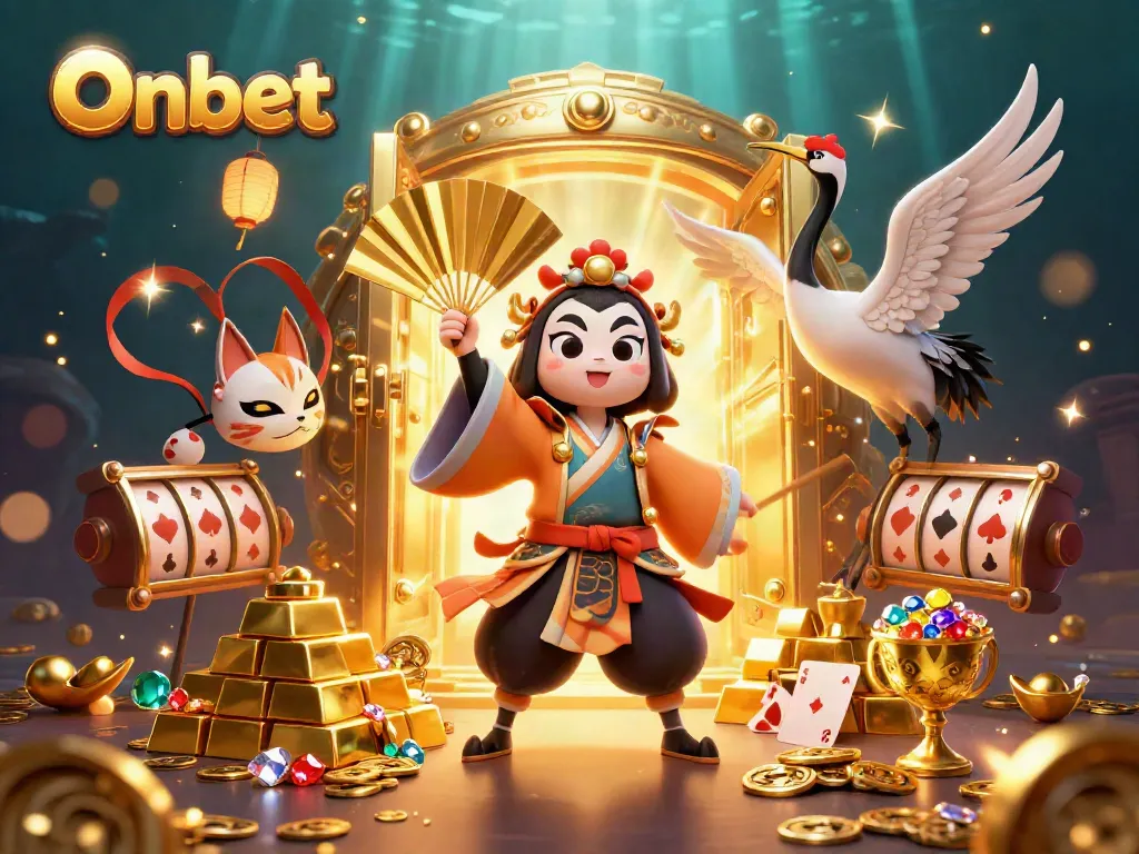 Experience the thrilling essence of Onbet with a vibrant 3D illustration depicting kabuki warriors and gambling elements.
