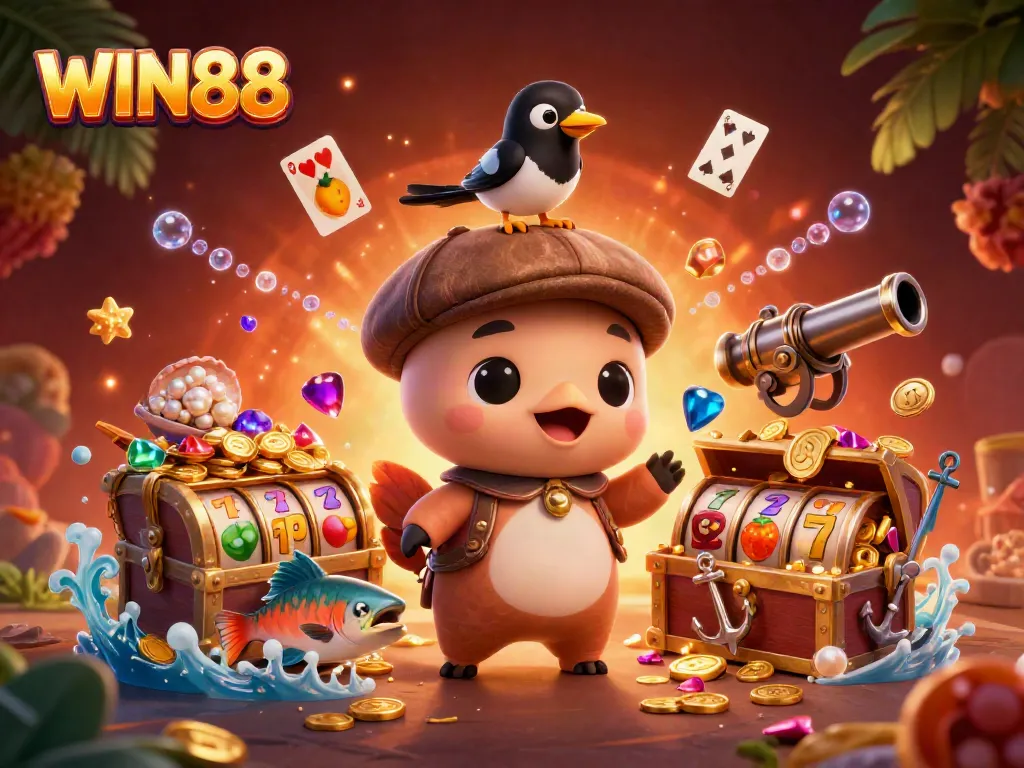 Experience thrilling games at WIN88 with vibrant animations of slots, characters, and treasure bursting with excitement.