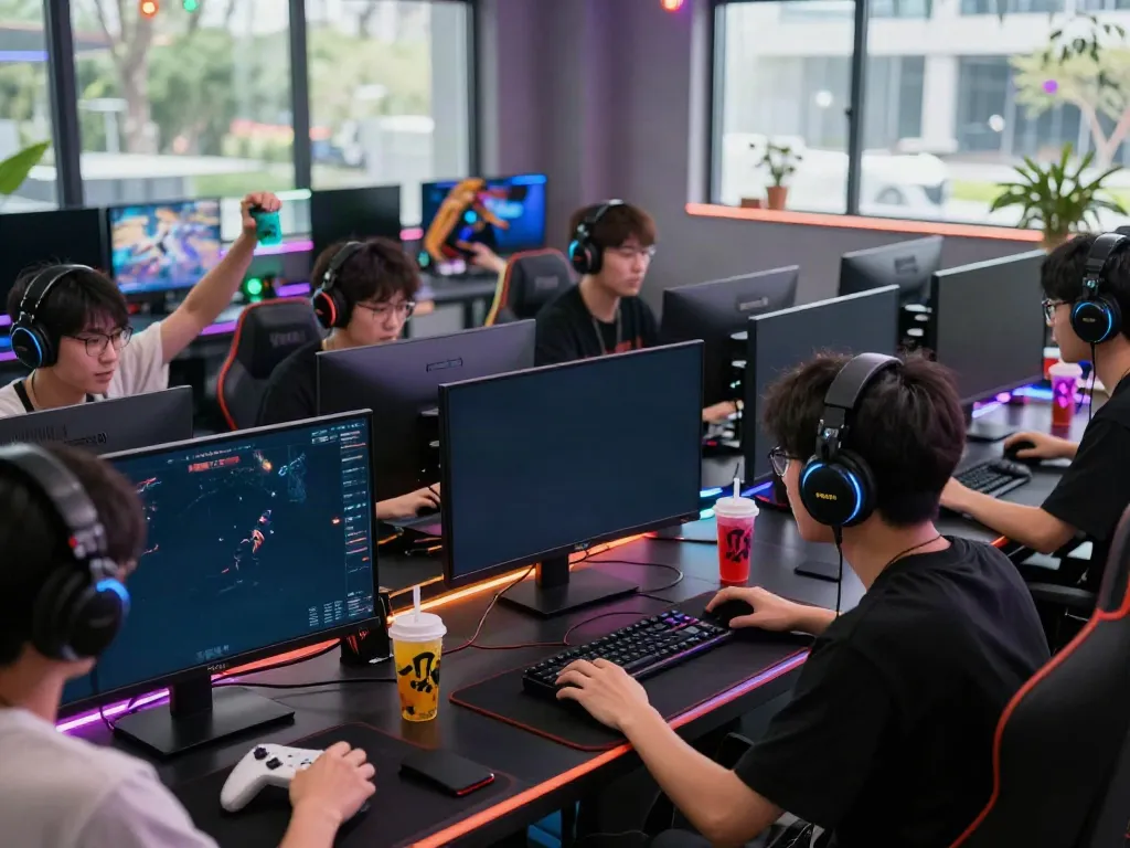 Players enjoying QQMacan's online gaming in a vibrant, modern lounge atmosphere.