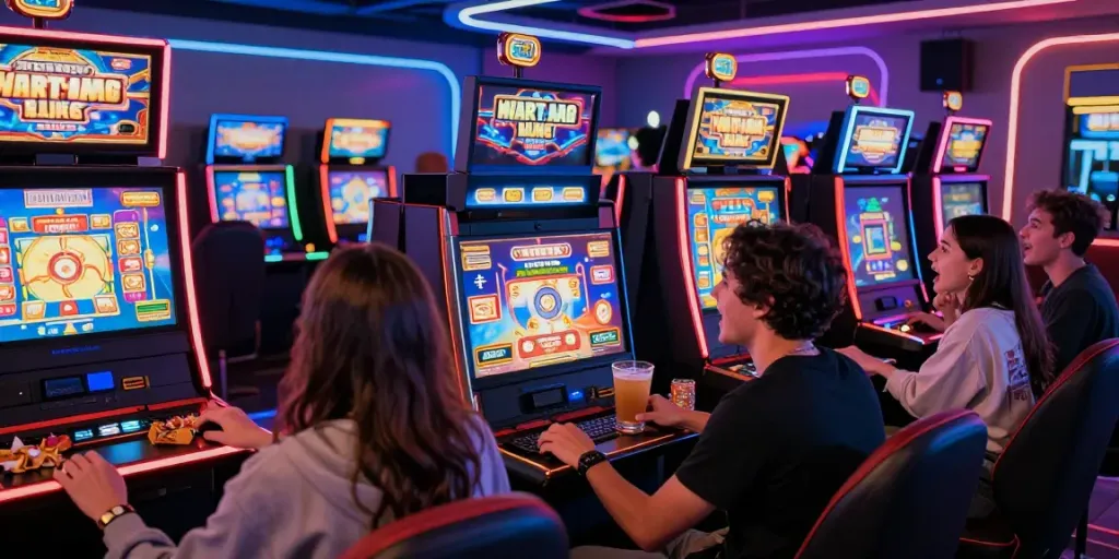 Friends enjoying vibrant slot machines in a lively gaming lounge setting.