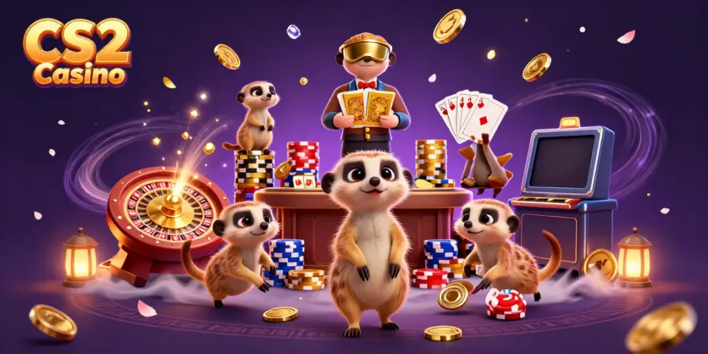 Meerkats managing a lively CS2 Casino, surrounded by gold coins and vibrant game elements.