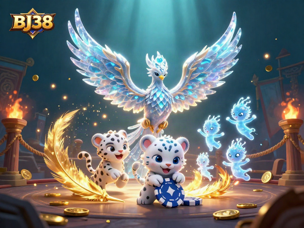 BJ38 bets come alive with vibrant ice phoenix, playful leopard cub, and glowing sprites in this engaging casino scene.
